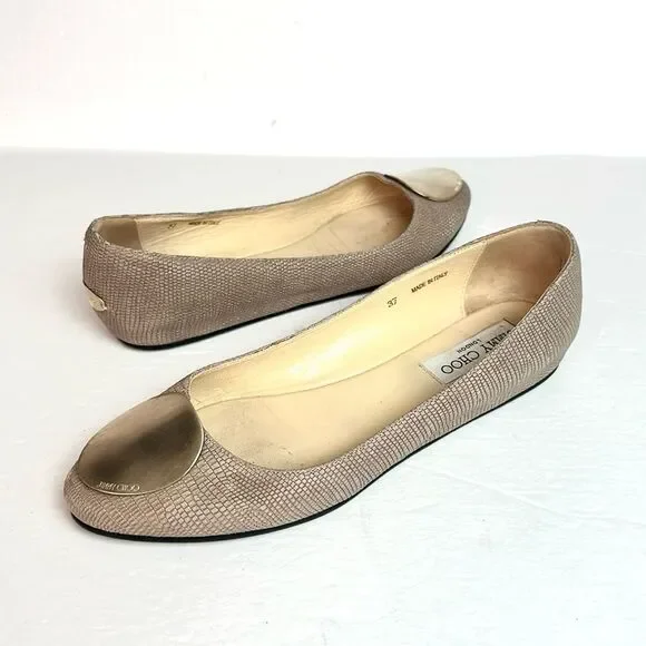 Jimmy Choo WRAY Ballet Flats Printed Leather Nude Gold Logo Medallion Italy US 7